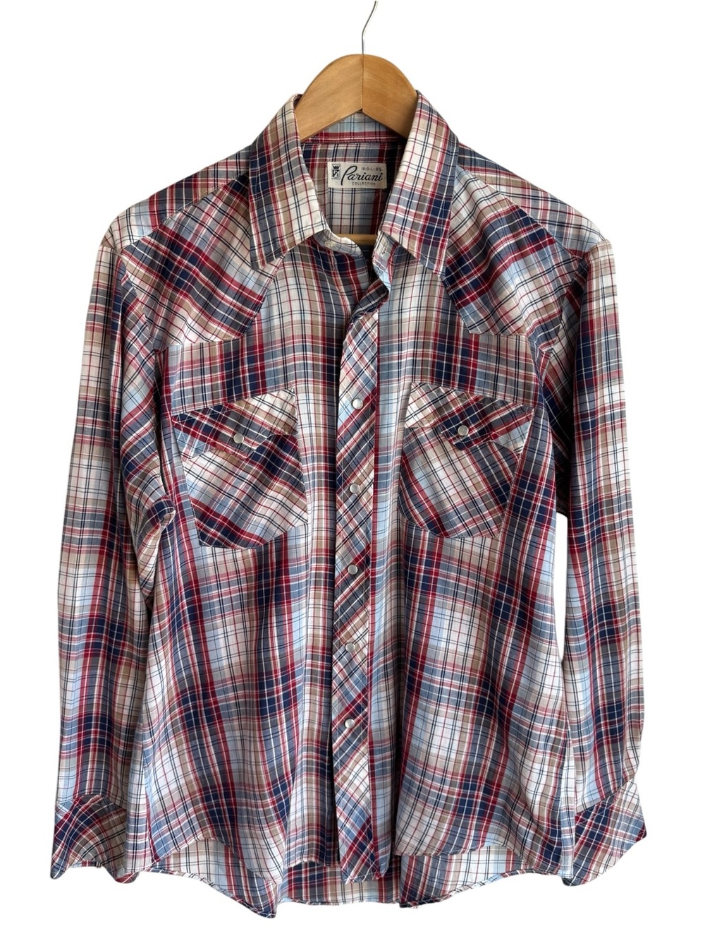 Vintage Pearl Snap Western Shirt Mens L Blue Red Plaid Long Sleeve Cowboy Rodeo